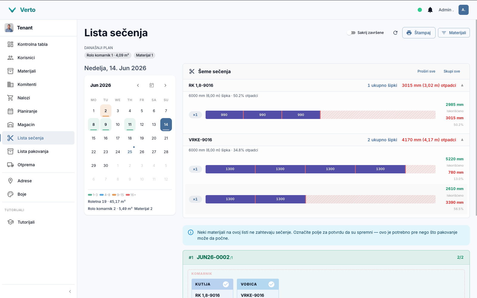 Verto — optimizacija sečenja i šeme rezanja