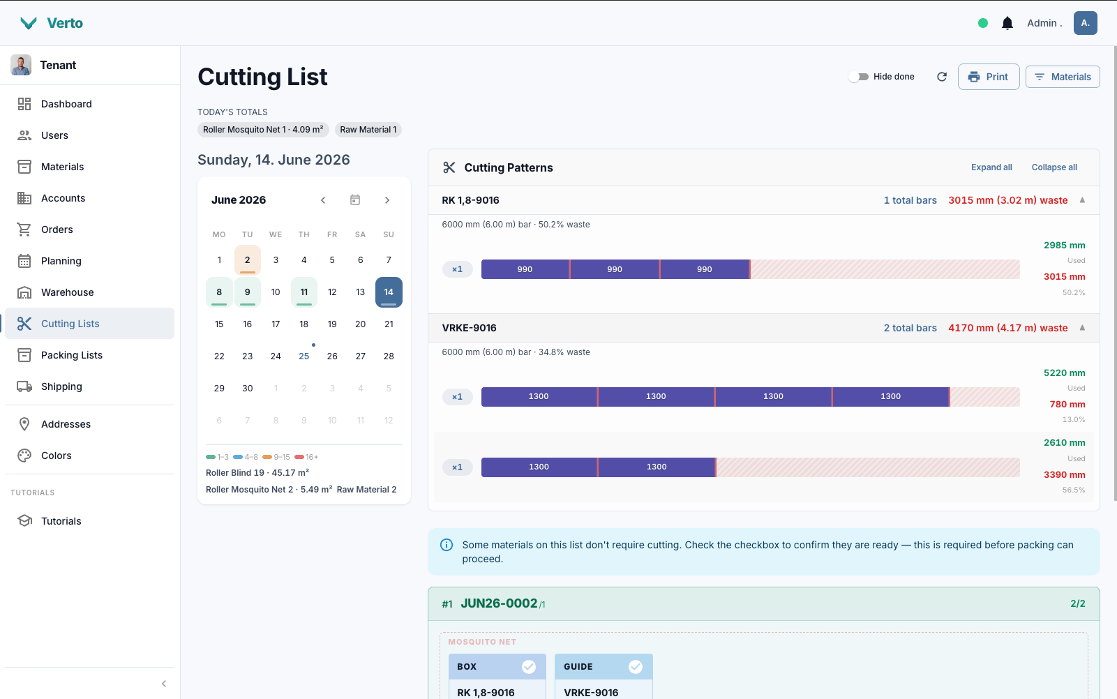 Verto — cutting optimization and cut patterns