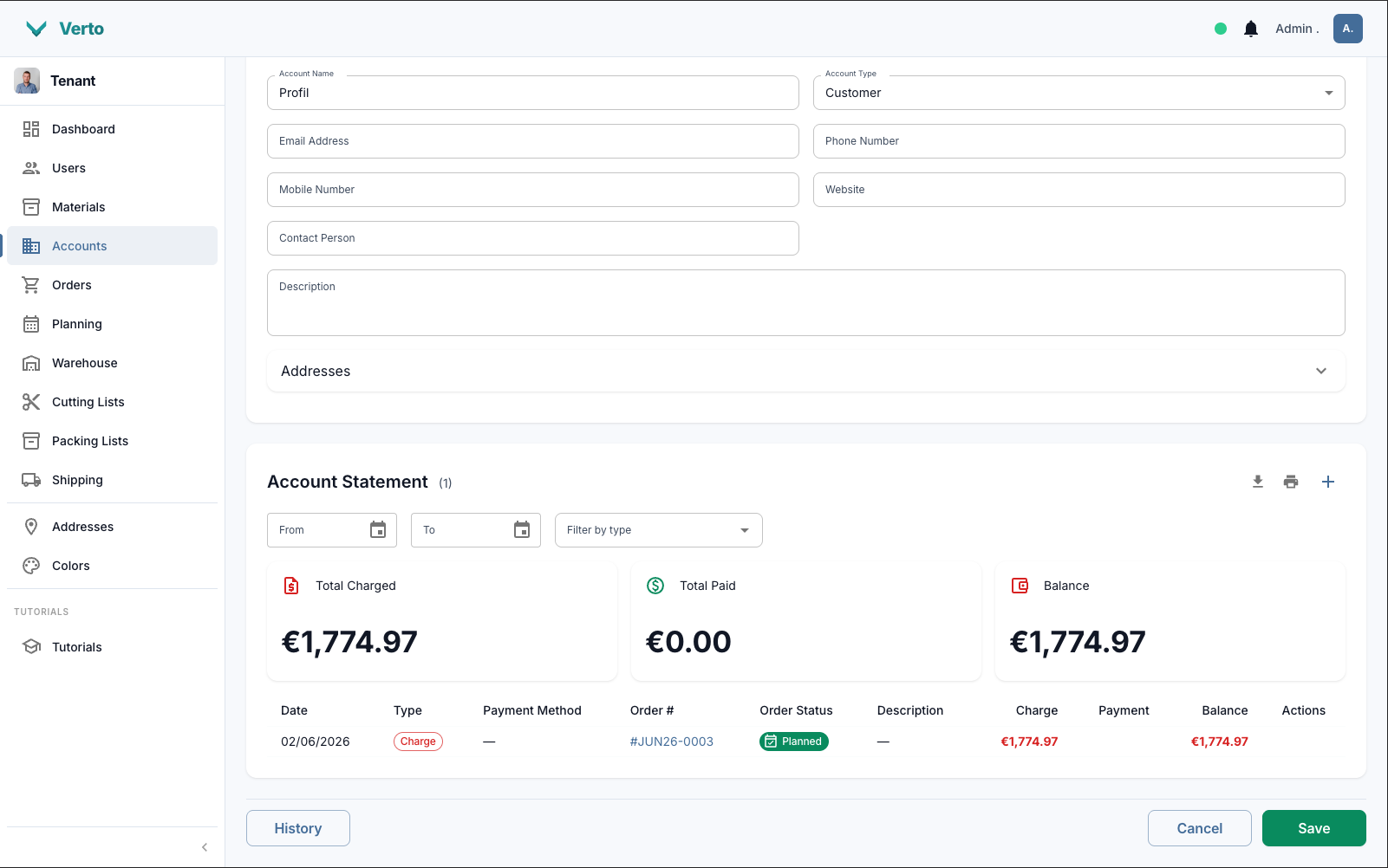 Verto — per-customer statement and balance