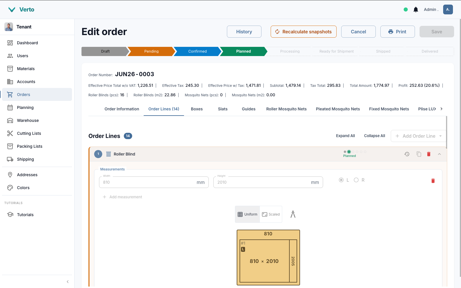 Verto — order creation and automatic price calculation